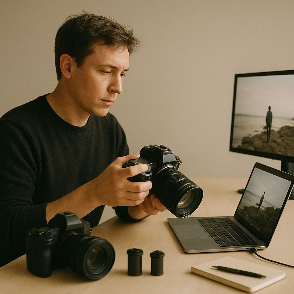 Fotografin bereitet Kamera vor und sichtet Bilder am Arbeitsplatz