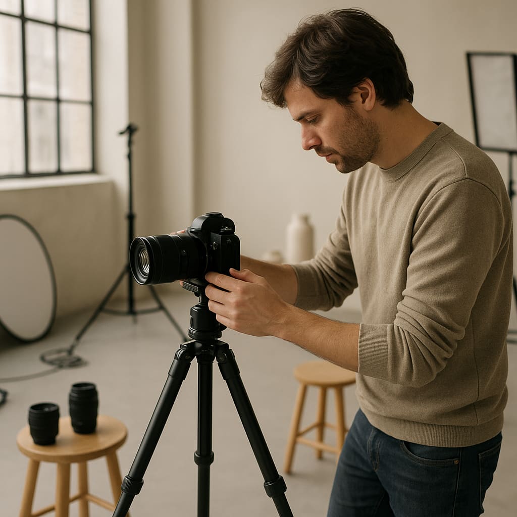 Helles professionelles Fotostudio in Berlin mit Kameraausrüstung